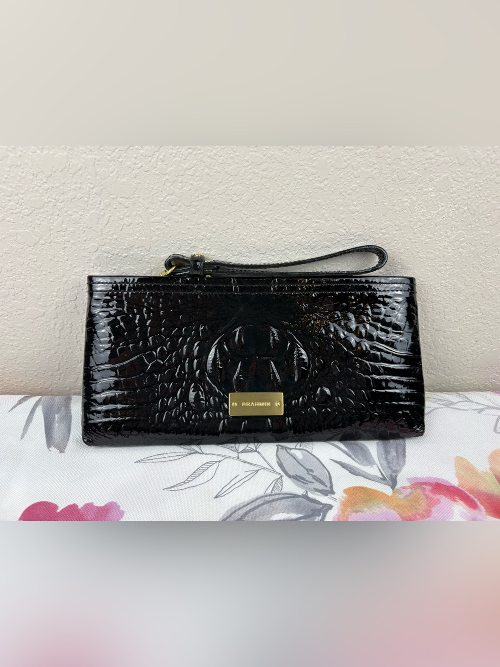 Brahmin Daisy Leather Melbourne Wristlet in Black and Gold Accent